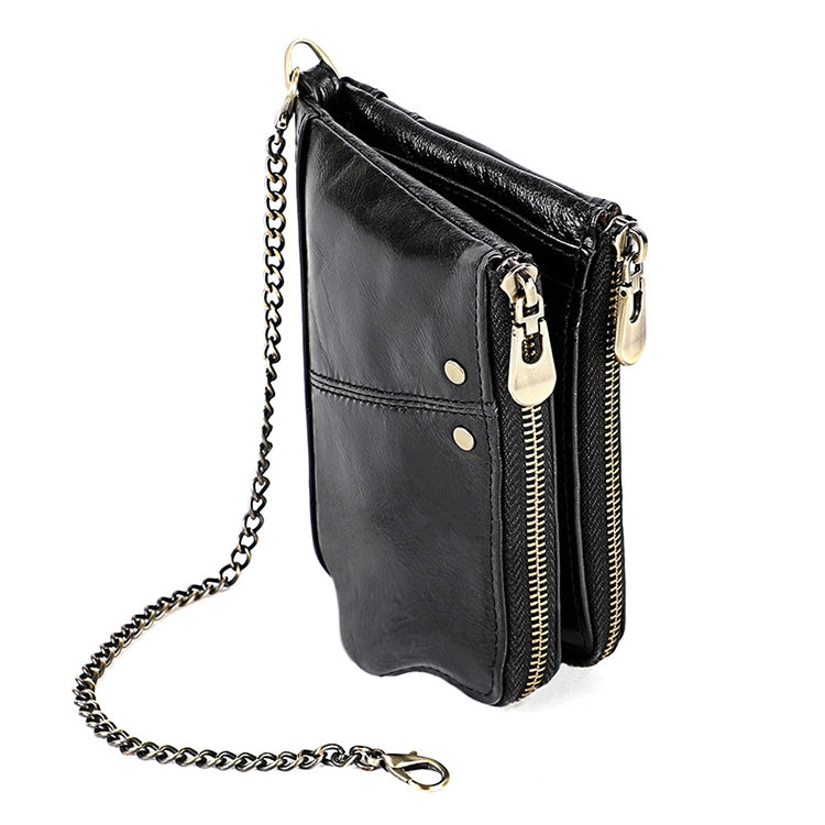 LT3533 Long Crazy Horse Texture Cowhide Leather Folding Anti-magnetic RFID Wallet Clutch Bag for Men, with Card Slots & Shoulder Strap(Black)
