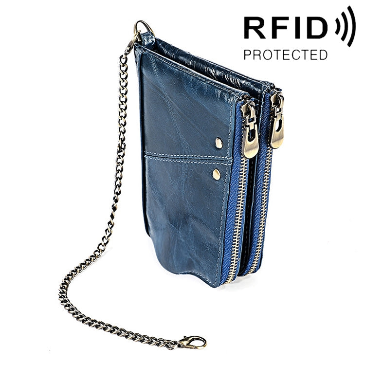 LT3533 Long Crazy Horse Texture Cowhide Leather Folding Anti-magnetic RFID Wallet Clutch Bag for Men, with Card Slots & Shoulder Strap(Blue)