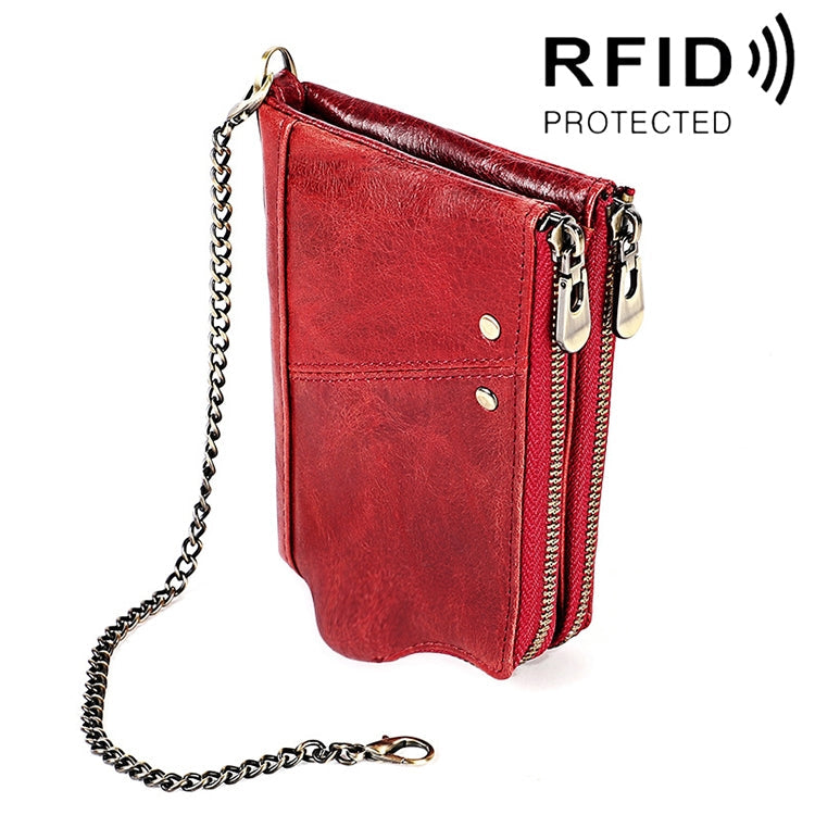 LT3533 Long Crazy Horse Texture Cowhide Leather Folding Anti-magnetic RFID Wallet Clutch Bag for Men, with Card Slots & Shoulder Strap(Red)