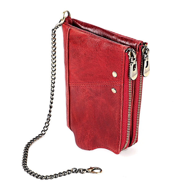 LT3533 Long Crazy Horse Texture Cowhide Leather Folding Anti-magnetic RFID Wallet Clutch Bag for Men, with Card Slots & Shoulder Strap(Red)