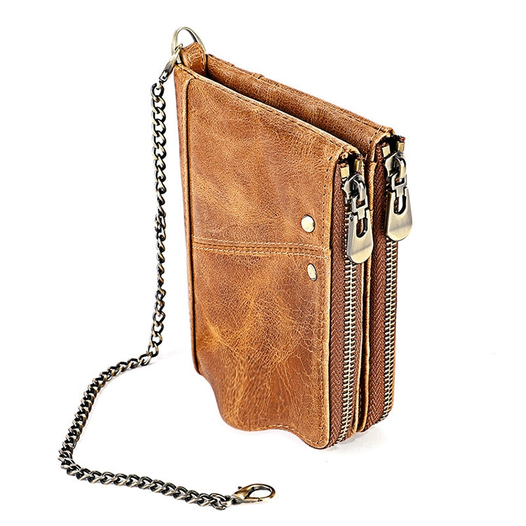 LT3533 Long Crazy Horse Texture Cowhide Leather Folding Anti-magnetic RFID Wallet Clutch Bag for Men, with Card Slots & Shoulder Strap(Yellowish-brown)