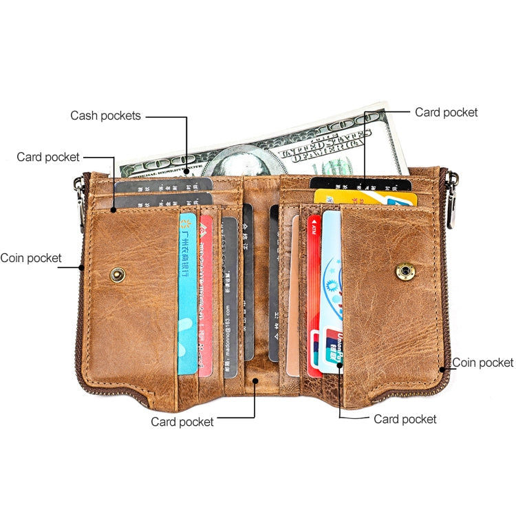 LT3533 Long Crazy Horse Texture Cowhide Leather Folding Anti-magnetic RFID Wallet Clutch Bag for Men, with Card Slots & Shoulder Strap(Yellowish-brown)