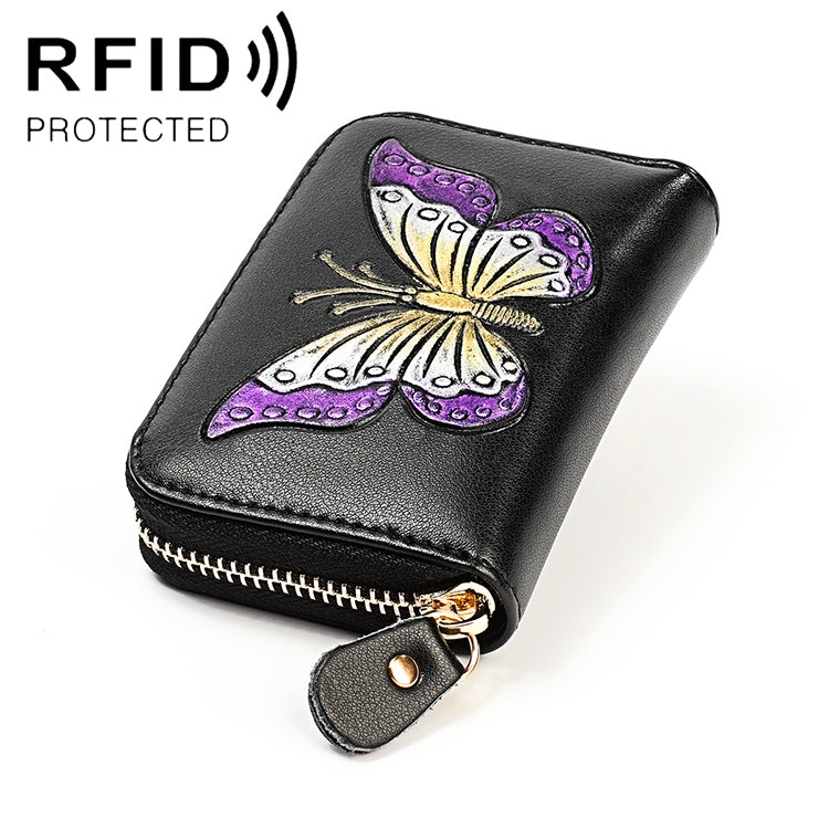 KB152 Butterfly Pattern Zipper Cowhide Leather Organ Shape Multiple Card Slots Anti-magnetic RFID Wallet for Ladies(Purple)