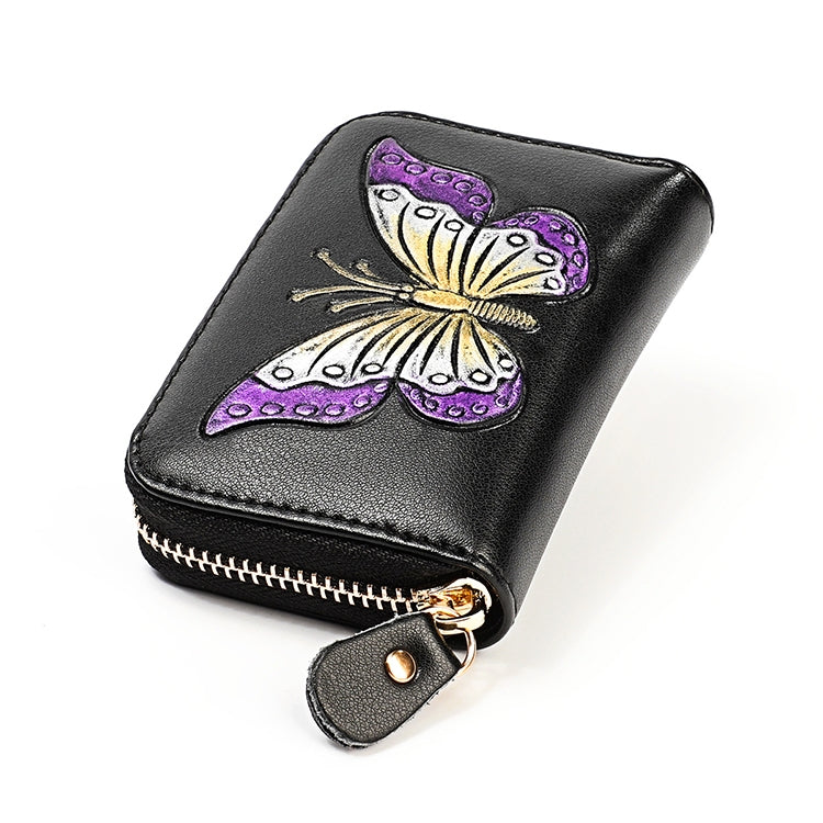 KB152 Butterfly Pattern Zipper Cowhide Leather Organ Shape Multiple Card Slots Anti-magnetic RFID Wallet for Ladies(Purple)