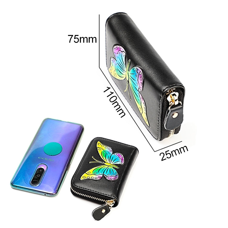 KB152 Butterfly Pattern Zipper Cowhide Leather Organ Shape Multiple Card Slots Anti-magnetic RFID Wallet for Ladies(Purple)