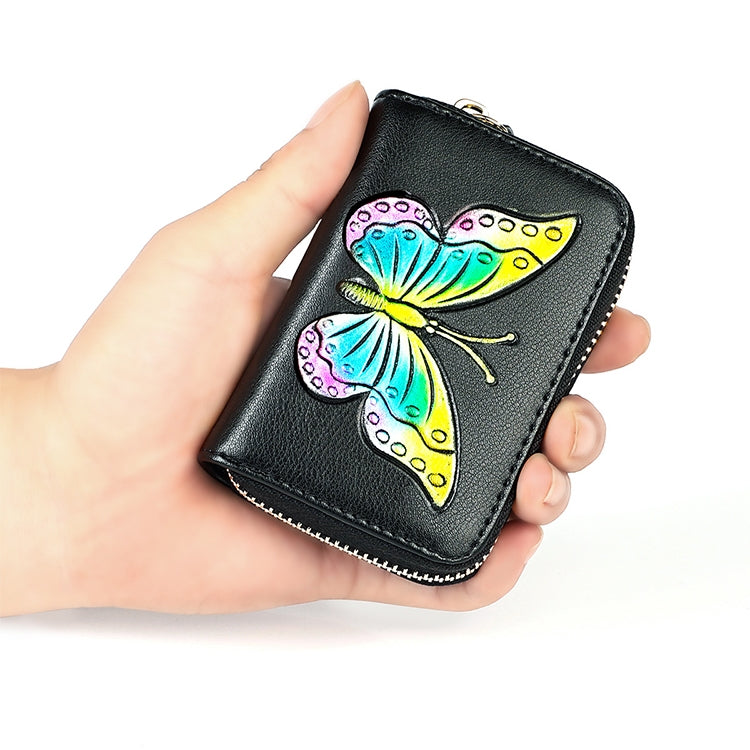 KB152 Butterfly Pattern Zipper Cowhide Leather Organ Shape Multiple Card Slots Anti-magnetic RFID Wallet for Ladies(Purple)
