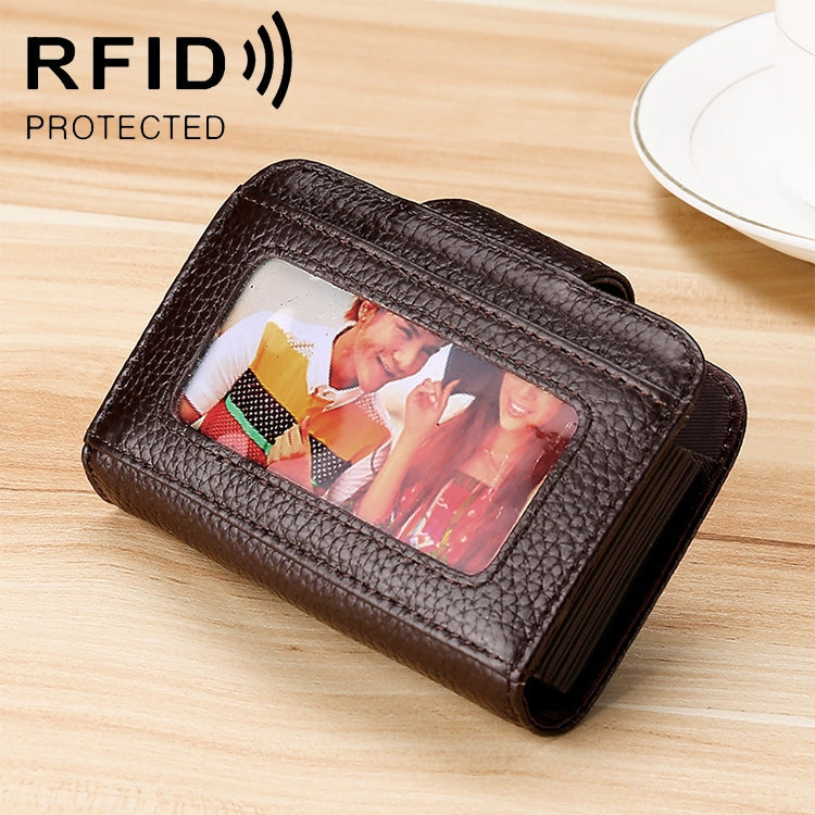 KB188 Horizontal Cowhide Leather Organ Shape Multiple Card Slots Anti-magnetic RFID Wallet for Ladies, with Transparent Window(Coffee)