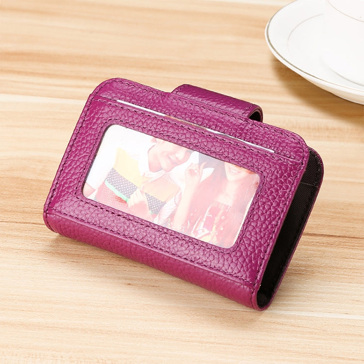 KB188 Horizontal Cowhide Leather Organ Shape Multiple Card Slots Anti-magnetic RFID Wallet for Ladies, with Transparent Window(Purple)