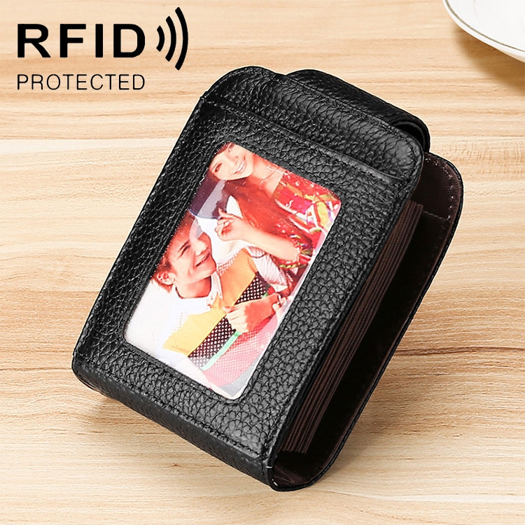KB189 Vertical Cowhide Leather Organ Shape Multiple Card Slots Anti-magnetic RFID Wallet for Ladies, with Transparent Window(Black)