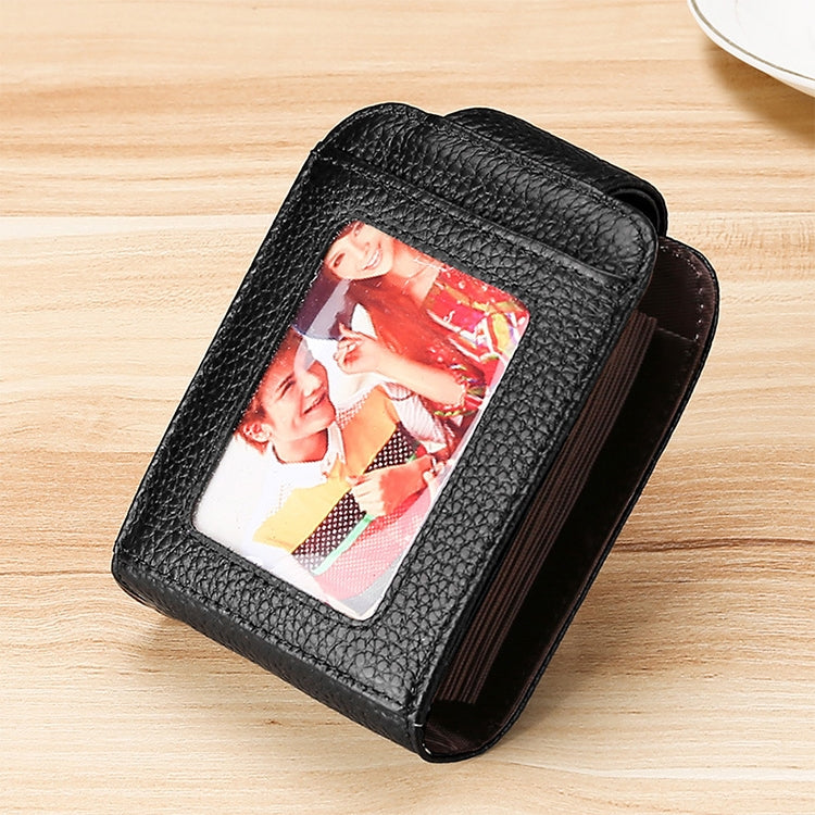 KB189 Vertical Cowhide Leather Organ Shape Multiple Card Slots Anti-magnetic RFID Wallet for Ladies, with Transparent Window(Black)