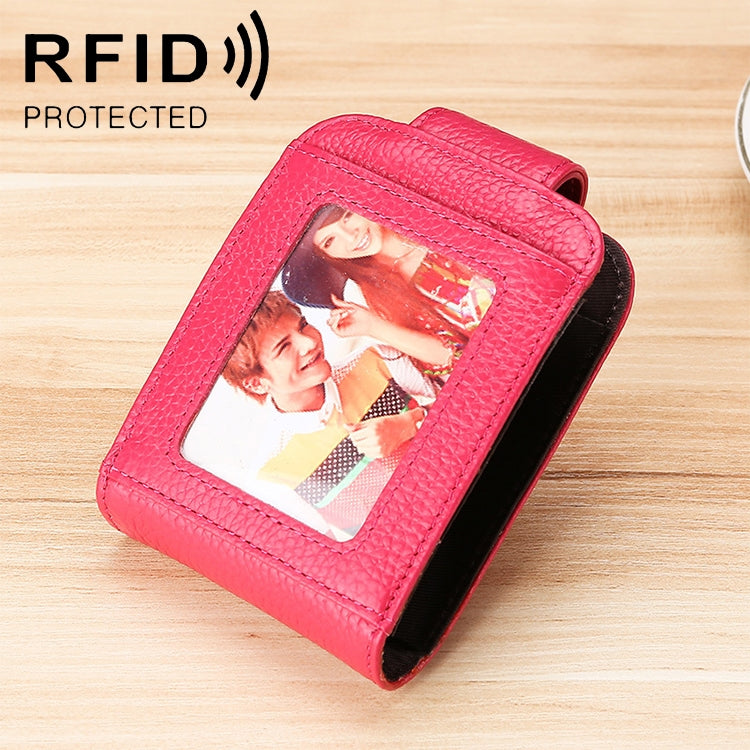 KB189 Vertical Cowhide Leather Organ Shape Multiple Card Slots Anti-magnetic RFID Wallet for Ladies, with Transparent Window(Rose Red)