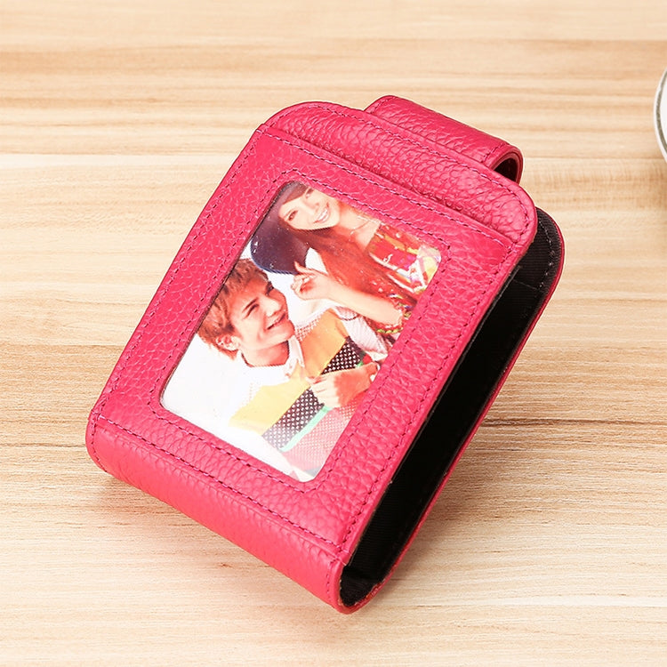 KB189 Vertical Cowhide Leather Organ Shape Multiple Card Slots Anti-magnetic RFID Wallet for Ladies, with Transparent Window(Rose Red)