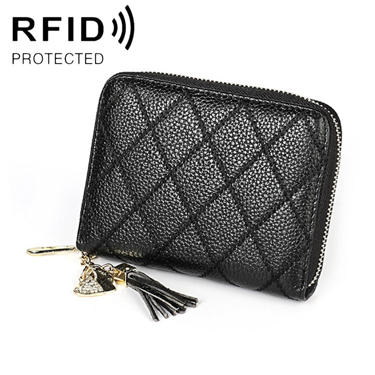 KB213 Diamond Texture Zipper Cowhide Leather Double Row Organ Shape Multiple Card Slots Anti-magnetic RFID Wallet Clutch Bag for Ladies (Black)