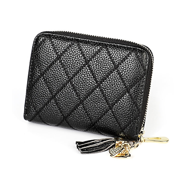KB213 Diamond Texture Zipper Cowhide Leather Double Row Organ Shape Multiple Card Slots Anti-magnetic RFID Wallet Clutch Bag for Ladies (Black)