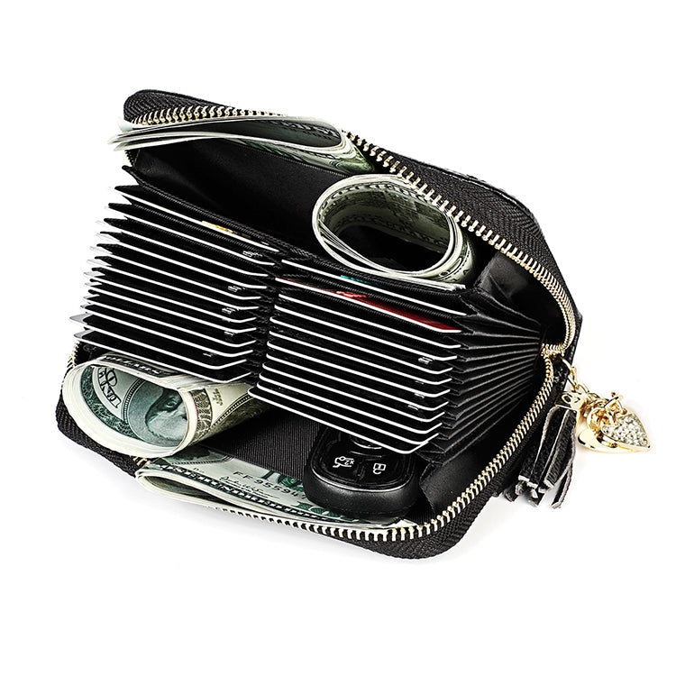 KB213 Diamond Texture Zipper Cowhide Leather Double Row Organ Shape Multiple Card Slots Anti-magnetic RFID Wallet Clutch Bag for Ladies (Black)
