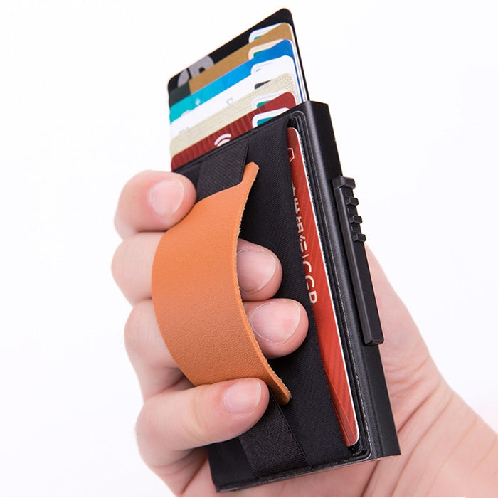 X-32C Automatically Pop-up Card Type Anti-magnetic RFID Anti-theft Men Aluminum Alloy A Dial Button Elastic Bag Wallet with PU Leather Strap(Black)