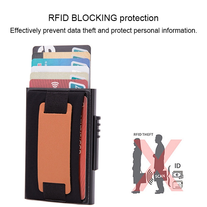 X-32C Automatically Pop-up Card Type Anti-magnetic RFID Anti-theft Men Aluminum Alloy A Dial Button Elastic Bag Wallet with PU Leather Strap(Black)