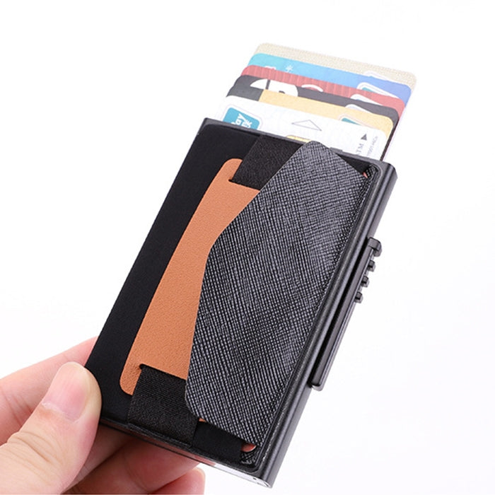 X-32C Automatically Pop-up Card Type Anti-magnetic RFID Anti-theft Men Aluminum Alloy A Dial Button Elastic Bag Wallet with PU Leather Strap(Black)
