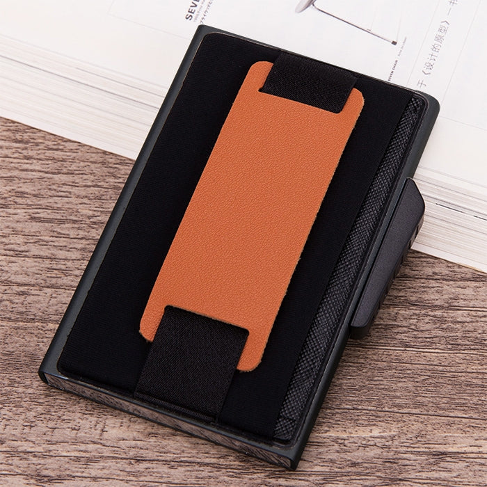 X-32C Automatically Pop-up Card Type Anti-magnetic RFID Anti-theft Men Aluminum Alloy B Dial Button Elastic Bag Wallet with PU Leather Strap(Black)