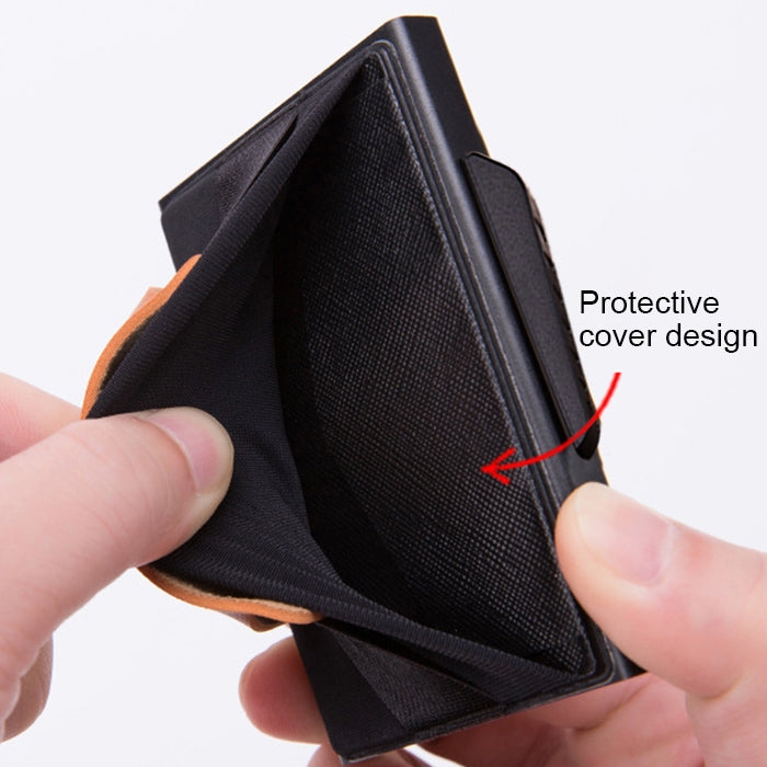 X-32C Automatically Pop-up Card Type Anti-magnetic RFID Anti-theft Men Aluminum Alloy B Dial Button Elastic Bag Wallet with PU Leather Strap(Black)