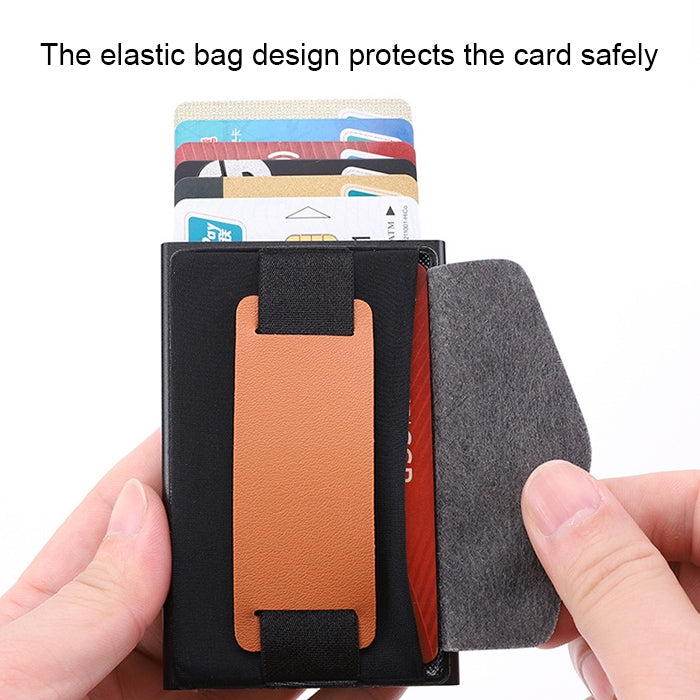 X-32C Automatically Pop-up Card Type Anti-magnetic RFID Anti-theft Men Aluminum Alloy B Dial Button Elastic Bag Wallet with PU Leather Strap(Black)