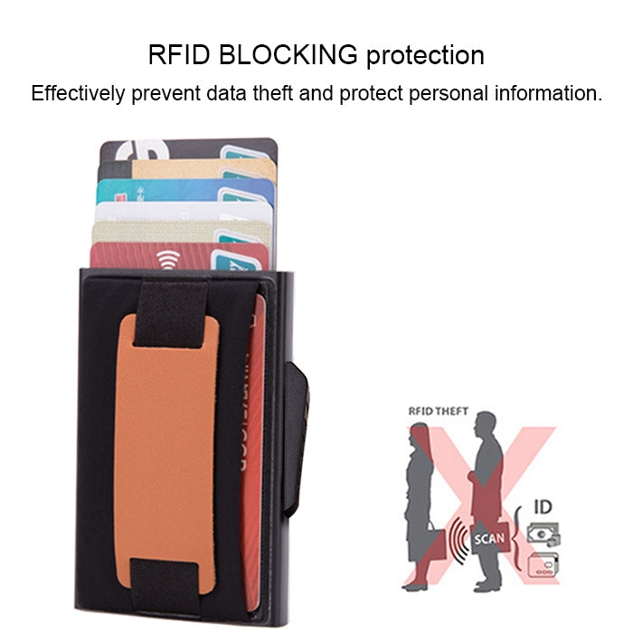 X-32C Automatically Pop-up Card Type Anti-magnetic RFID Anti-theft Men Aluminum Alloy B Dial Button Elastic Bag Wallet with PU Leather Strap(Black)