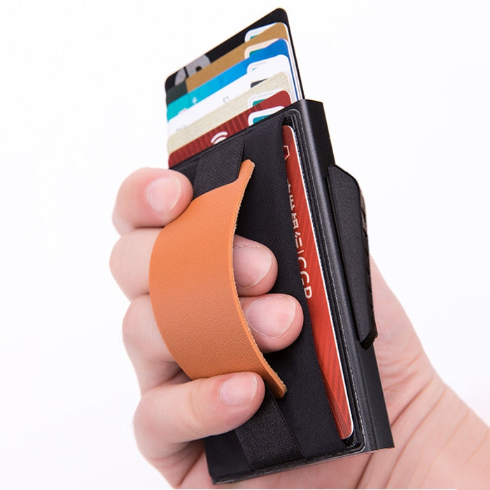 X-32C Automatically Pop-up Card Type Anti-magnetic RFID Anti-theft Men Aluminum Alloy B Dial Button Elastic Bag Wallet with PU Leather Strap(Black)
