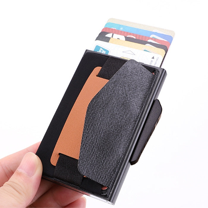 X-32C Automatically Pop-up Card Type Anti-magnetic RFID Anti-theft Men Aluminum Alloy B Dial Button Elastic Bag Wallet with PU Leather Strap(Blue)