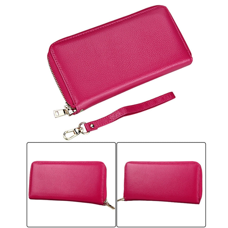 Genuine Cowhide Leather Litchi Texture Zipper Long Style Card Holder Wallet RFID Blocking Coin Purse Card Bag Protect Case with Hand Strap for Women, Size: 20*10.5*3cm(Magenta)