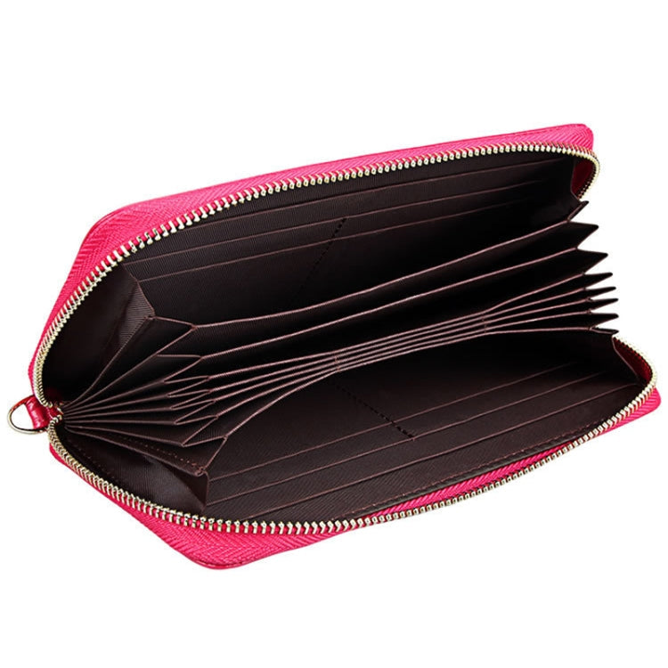 Genuine Cowhide Leather Litchi Texture Zipper Long Style Card Holder Wallet RFID Blocking Coin Purse Card Bag Protect Case with Hand Strap for Women, Size: 20*10.5*3cm(Magenta)