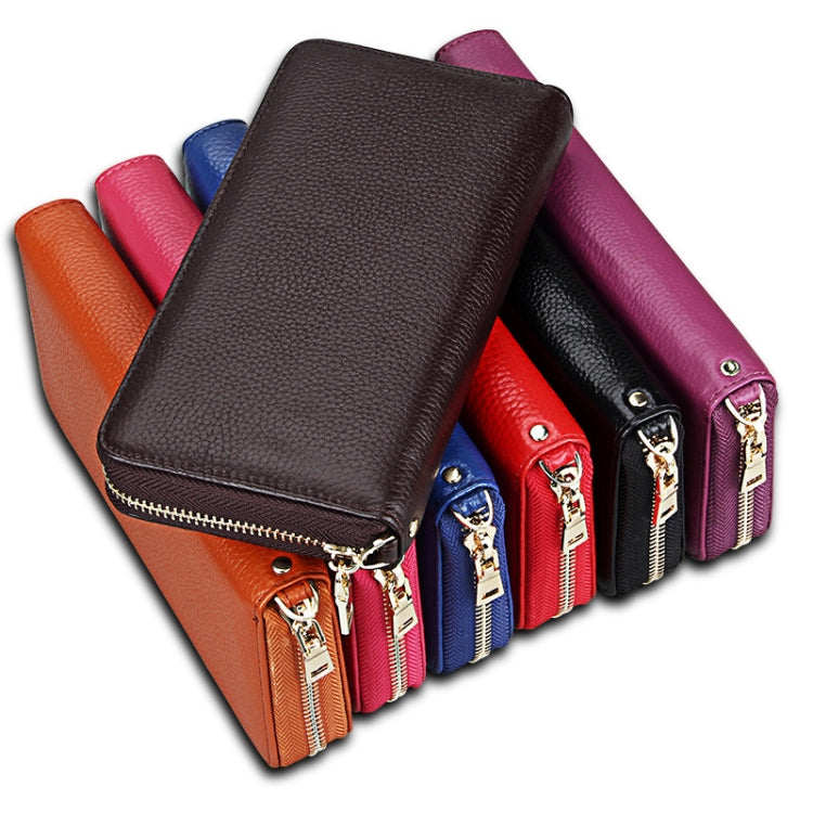Genuine Cowhide Leather Litchi Texture Zipper Long Style Card Holder Wallet RFID Blocking Coin Purse Card Bag Protect Case with Hand Strap for Women, Size: 20*10.5*3cm(Magenta)
