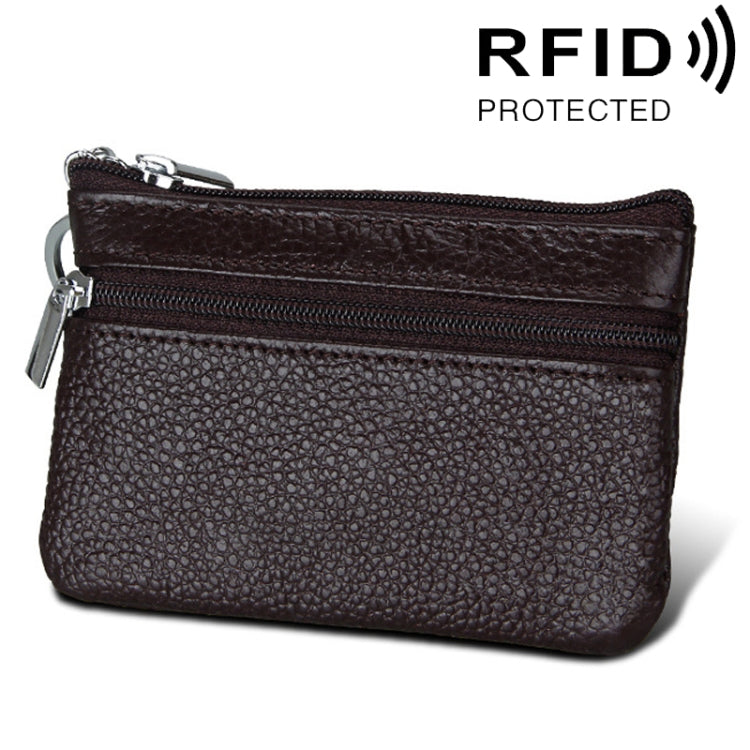 Cowhide Leather Zipper Solid Color Horizontal Card Holder Wallet RFID Blocking Coin Purse Card Bag Protect Case, Size: 11.4*7.4cm(Coffee)