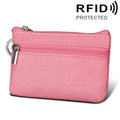 Cowhide Leather Zipper Solid Color Horizontal Card Holder Wallet RFID Blocking Coin Purse Card Bag Protect Case, Size: 11.4*7.4cm(Pink)