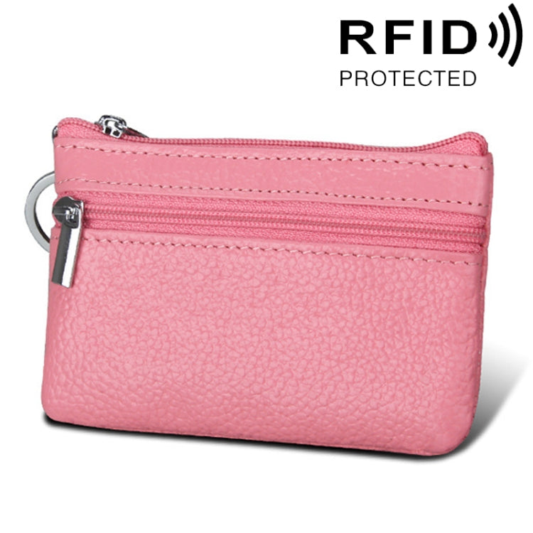 Cowhide Leather Zipper Solid Color Horizontal Card Holder Wallet RFID Blocking Coin Purse Card Bag Protect Case, Size: 11.4*7.4cm(Pink)