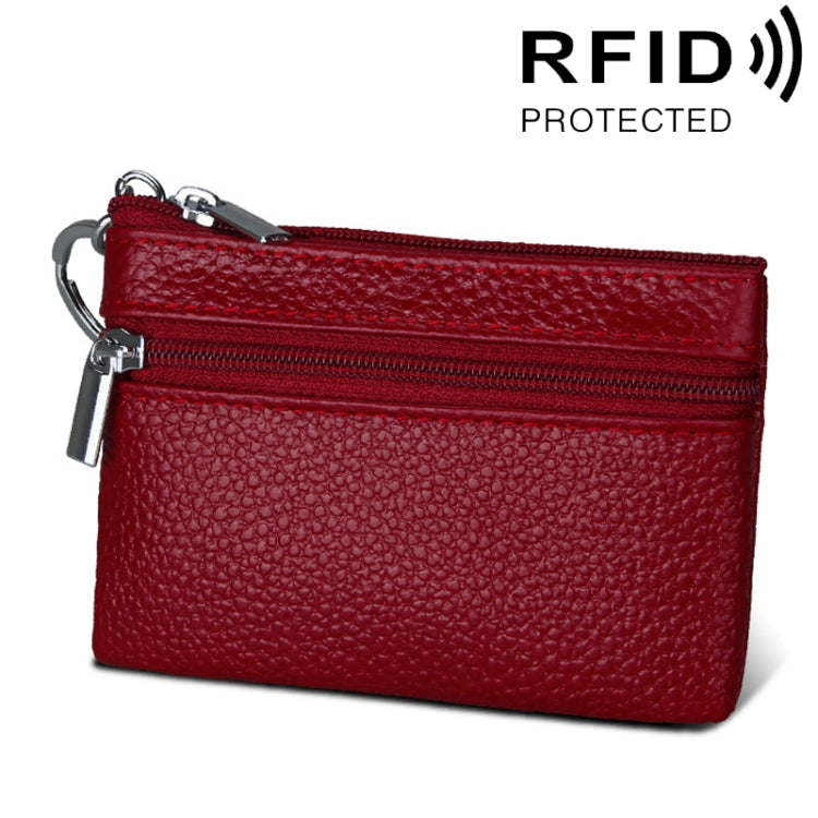 Cowhide Leather Zipper Solid Color Horizontal Card Holder Wallet RFID Blocking Coin Purse Card Bag Protect Case, Size: 11.4*7.4cm(Wine Red)