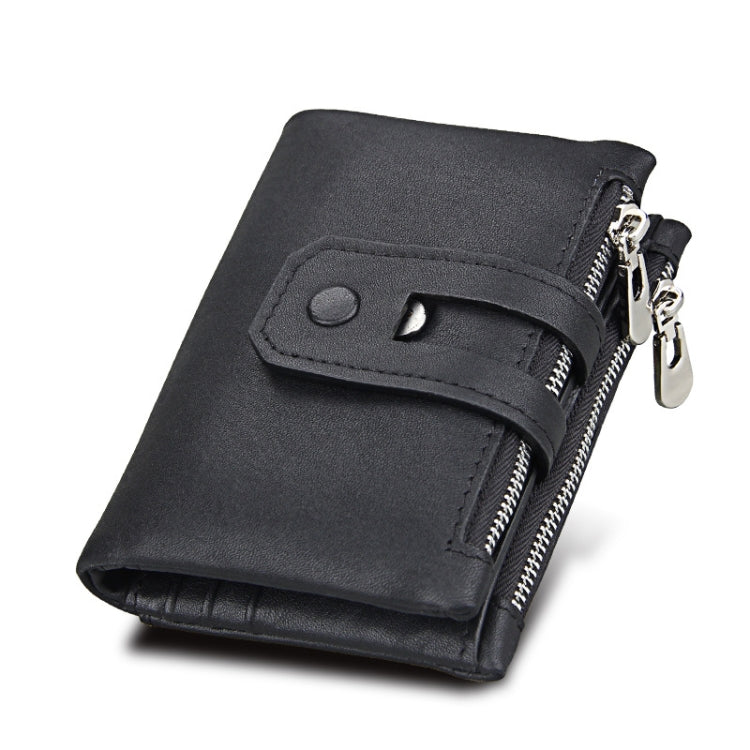 Genuine Cowhide Leather Crazy Horse Texture Zipper 3-folding Card Holder Wallet RFID Blocking Coin Purse Card Bag Protect Case for Men, Size: 12*9.5*3.5cm(Black)