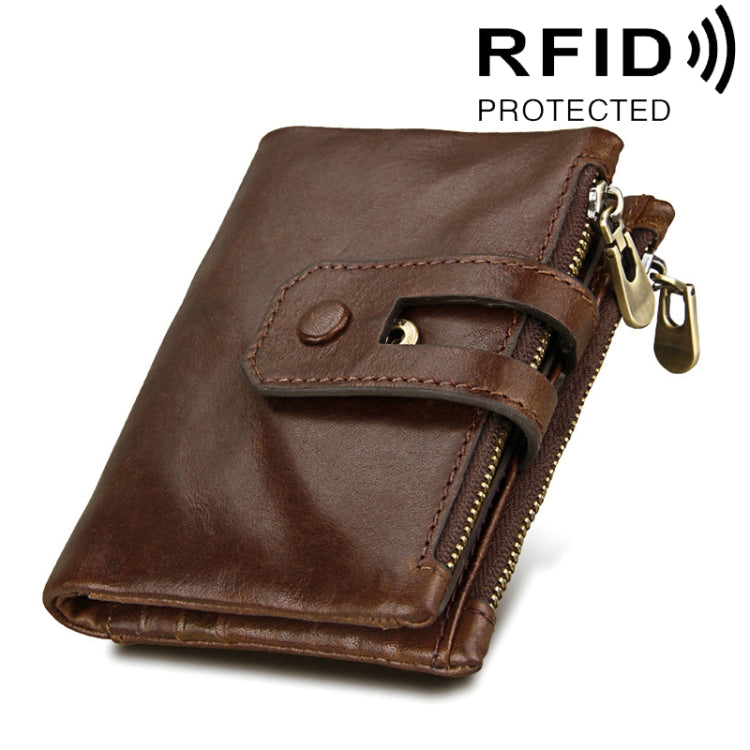 Genuine Cowhide Leather Crazy Horse Texture Zipper 3-folding Card Holder Wallet RFID Blocking Coin Purse Card Bag Protect Case for Men, Size: 12*9.5*3.5cm(Coffee)