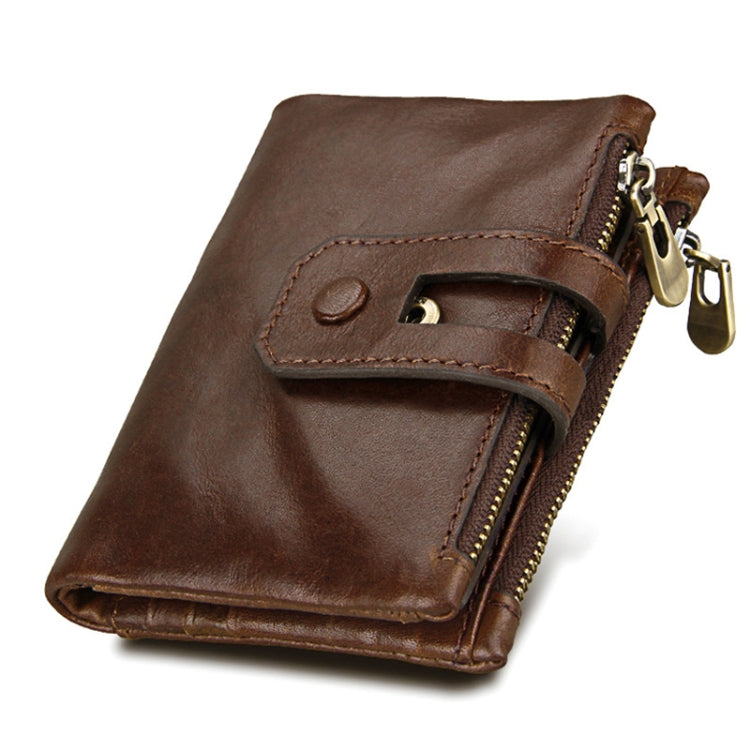 Genuine Cowhide Leather Crazy Horse Texture Zipper 3-folding Card Holder Wallet RFID Blocking Coin Purse Card Bag Protect Case for Men, Size: 12*9.5*3.5cm(Coffee)