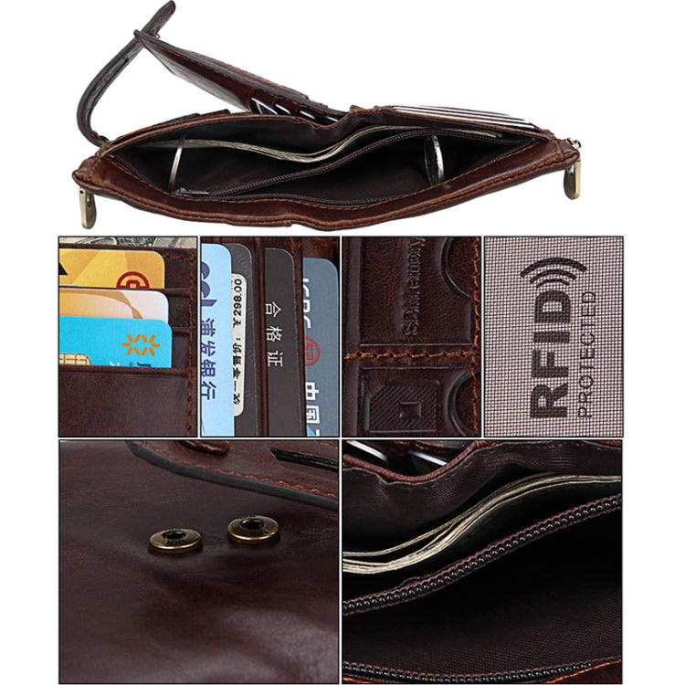 Genuine Cowhide Leather Crazy Horse Texture Zipper 3-folding Card Holder Wallet RFID Blocking Coin Purse Card Bag Protect Case for Men, Size: 12*9.5*3.5cm(Coffee)