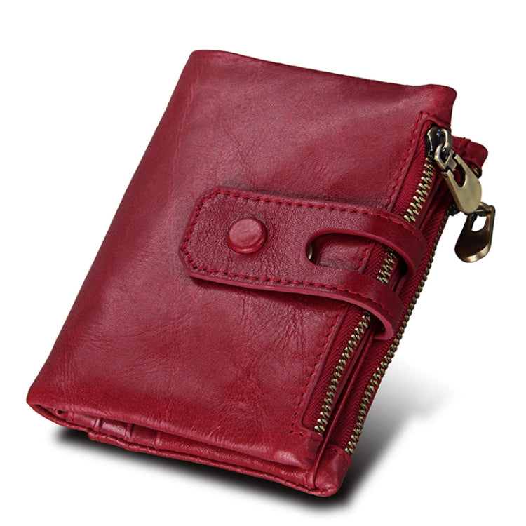 Genuine Cowhide Leather Crazy Horse Texture Zipper 3-folding Card Holder Wallet RFID Blocking Coin Purse Card Bag Protect Case for Men, Size: 12*9.5*3.5cm(Red)