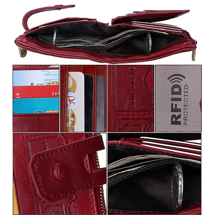 Genuine Cowhide Leather Crazy Horse Texture Zipper 3-folding Card Holder Wallet RFID Blocking Coin Purse Card Bag Protect Case for Men, Size: 12*9.5*3.5cm(Red)