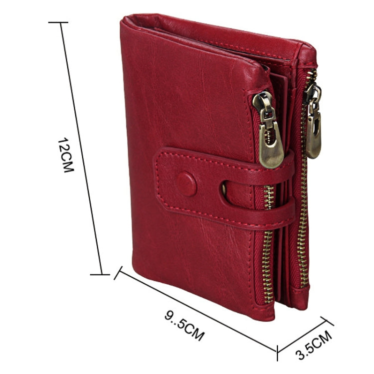 Genuine Cowhide Leather Crazy Horse Texture Zipper 3-folding Card Holder Wallet RFID Blocking Coin Purse Card Bag Protect Case for Men, Size: 12*9.5*3.5cm(Red)