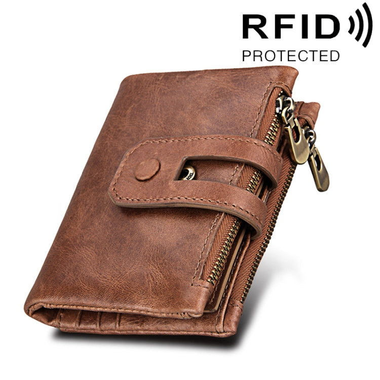 Genuine Cowhide Leather Crazy Horse Texture Zipper 3-folding Card Holder Wallet RFID Blocking Coin Purse Card Bag Protect Case for Men, Size: 12*9.5*3.5cm(Taupe)