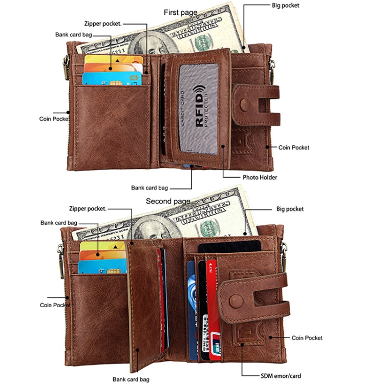 Genuine Cowhide Leather Crazy Horse Texture Zipper 3-folding Card Holder Wallet RFID Blocking Coin Purse Card Bag Protect Case for Men, Size: 12*9.5*3.5cm(Taupe)