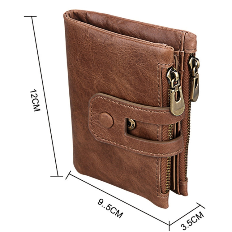 Genuine Cowhide Leather Crazy Horse Texture Zipper 3-folding Card Holder Wallet RFID Blocking Coin Purse Card Bag Protect Case for Men, Size: 12*9.5*3.5cm(Taupe)