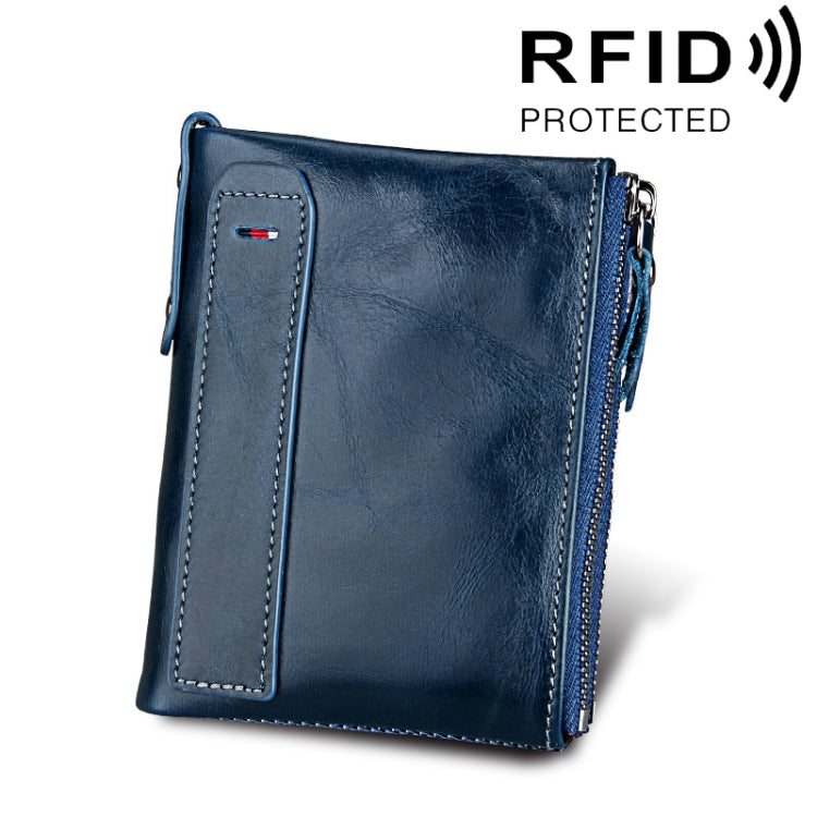 Genuine Cowhide Leather Crazy Horse Texture Dual Zipper Short Style Card Holder Wallet RFID Blocking Card Bag Protect Case for Men, Size: 12.1*9.4*2.7cm(Blue)