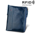 Genuine Cowhide Leather Crazy Horse Texture Dual Zipper Short Style Card Holder Wallet RFID Blocking Card Bag Protect Case for Men, Size: 12.1*9.4*2.7cm(Blue)