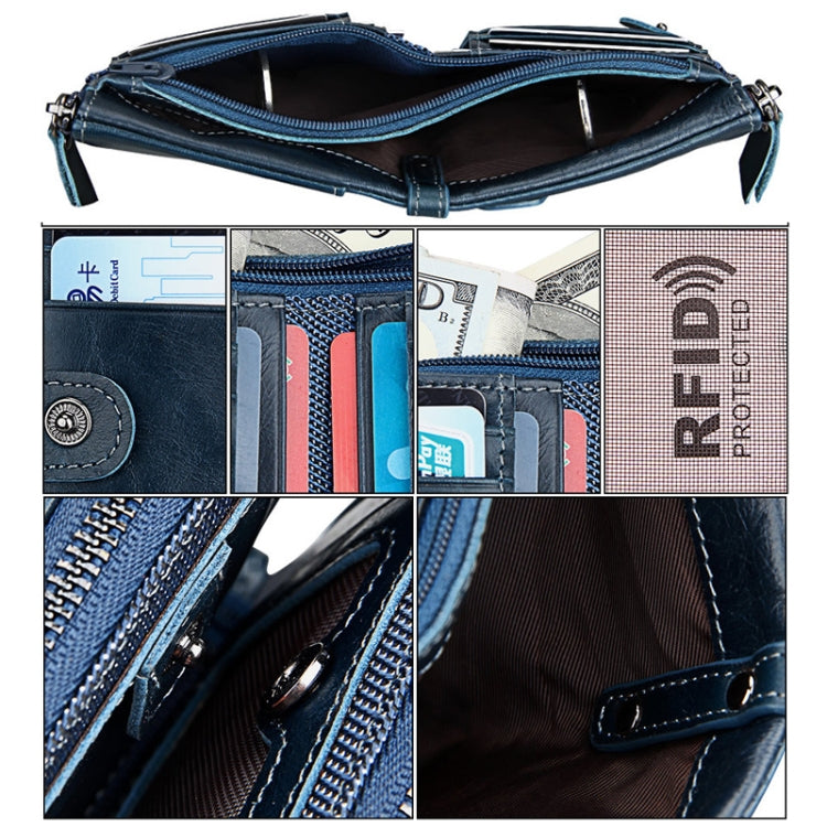 Genuine Cowhide Leather Crazy Horse Texture Dual Zipper Short Style Card Holder Wallet RFID Blocking Card Bag Protect Case for Men, Size: 12.1*9.4*2.7cm(Blue)