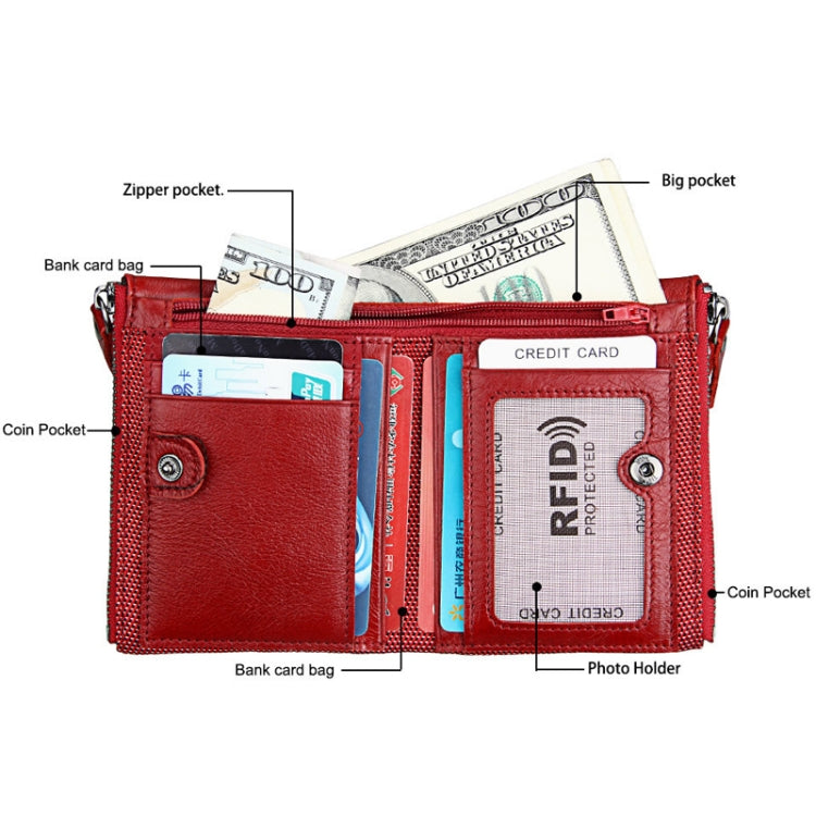 Genuine Cowhide Leather Crazy Horse Texture Dual Zipper Short Style Card Holder Wallet RFID Blocking Card Bag Protect Case for Men, Size: 12.1*9.4*2.7cm(Red)