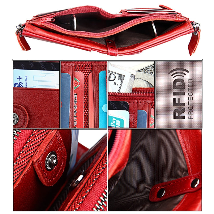 Genuine Cowhide Leather Crazy Horse Texture Dual Zipper Short Style Card Holder Wallet RFID Blocking Card Bag Protect Case for Men, Size: 12.1*9.4*2.7cm(Red)